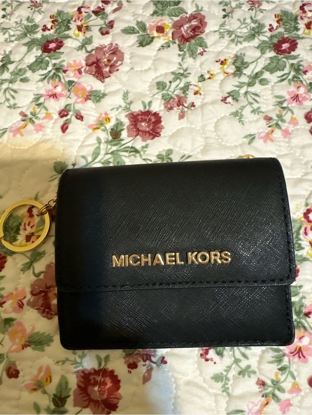 Michael Kors Black Leather Card Case with Gold Logo and Key Ring